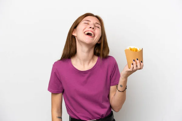 Fiatal Angol Kezében Sült Chips Elszigetelt Fehér Háttér Nevetés — Stock Fotó