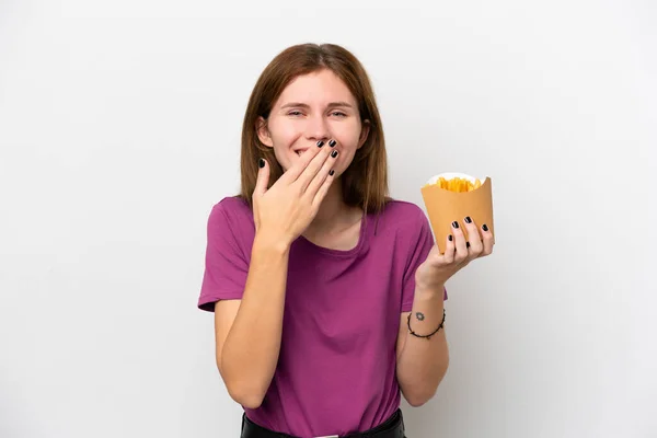 Joven Mujer Inglesa Sosteniendo Patatas Fritas Aisladas Sobre Fondo Blanco — Foto de Stock