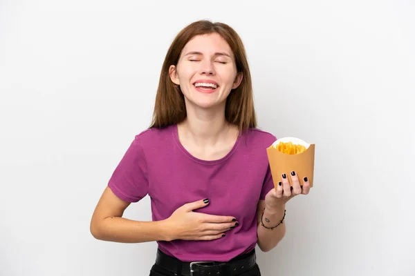 Young English Woman Holding Fried Chips Isolated White Background Smiling — стоковое фото