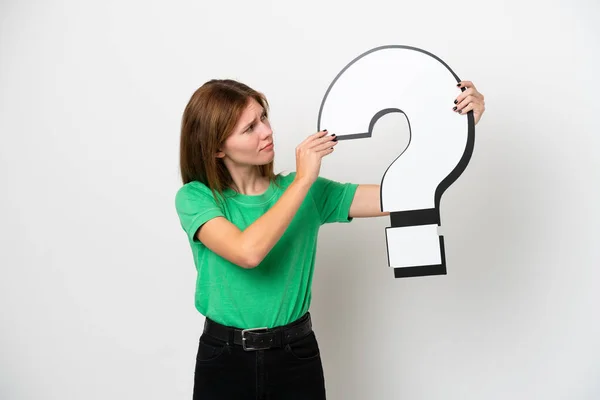 Young English Woman Isolated White Background Holding Question Mark Icon — Stockfoto