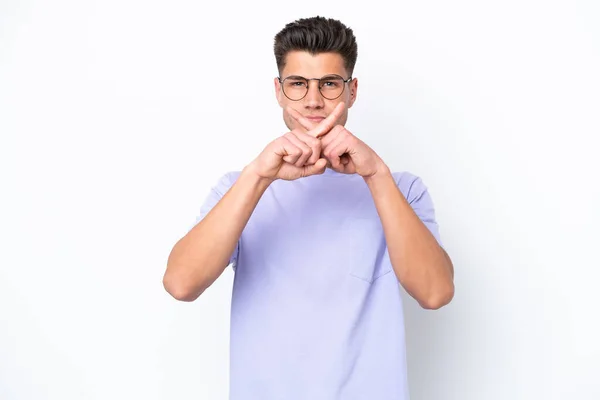 Young Caucasian Man Isolated White Background Showing Sign Silence Gesture — Stock Photo, Image