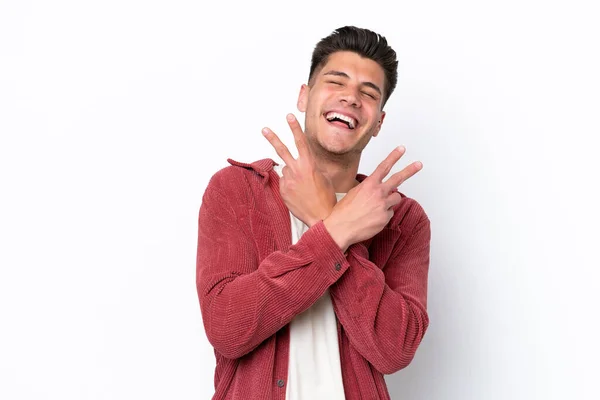 Jonge Blanke Man Geïsoleerd Witte Achtergrond Glimlachen Tonen Overwinning Teken — Stockfoto