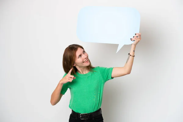 Young English Woman Isolated White Background Holding Empty Speech Bubble — Fotografia de Stock