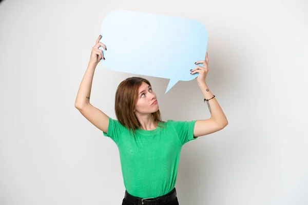 Young English Woman Isolated White Background Holding Empty Speech Bubble — 图库照片