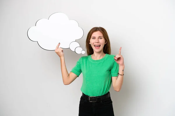 Young English Woman Isolated White Background Holding Thinking Speech Bubble — 图库照片