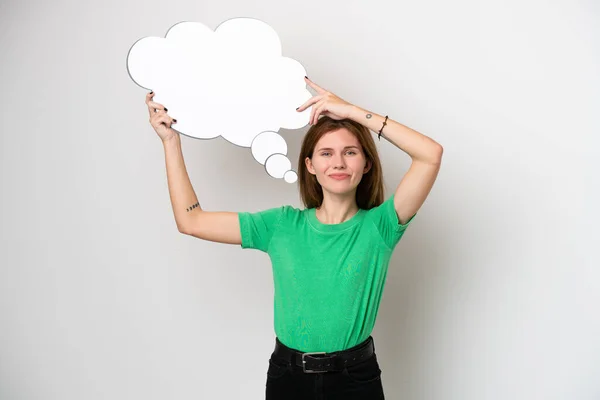 Young English Woman Isolated White Background Holding Thinking Speech Bubble — Fotografia de Stock