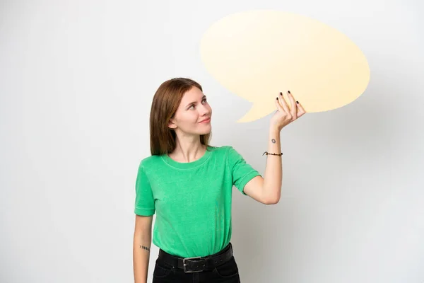 Young English Woman Isolated White Background Holding Empty Speech Bubble — 图库照片