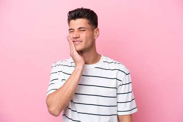 Young Caucasian Man Isolated Pink Background Toothache — стоковое фото