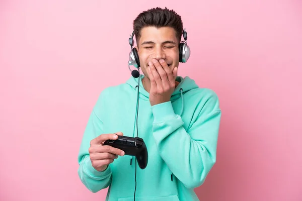 Young Handsome Caucasian Man Playing Video Game Controller Isolated Pink —  Fotos de Stock