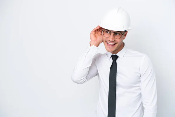 Young Architect Caucasian Man Helmet Holding Blueprints Isolated White Background — Stockfoto