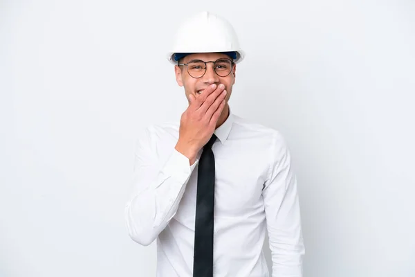 Young Architect Caucasian Man Helmet Holding Blueprints Isolated White Background — 스톡 사진