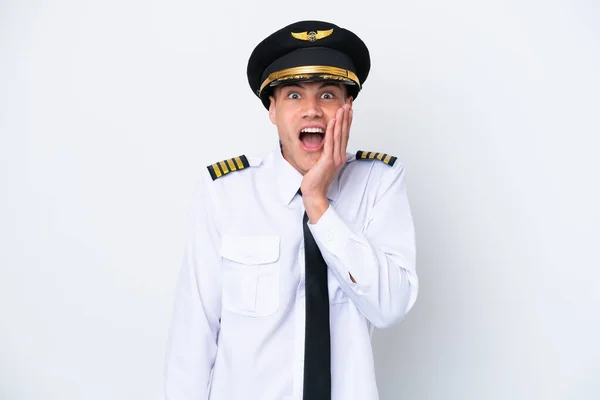 Airplane Caucasian Pilot Isolated White Background Surprise Shocked Facial Expression — Zdjęcie stockowe