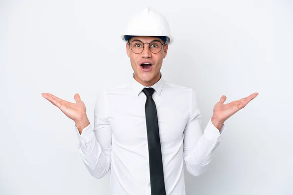 Young Architect Caucasian Man Helmet Holding Blueprints Isolated White Background — Stockfoto