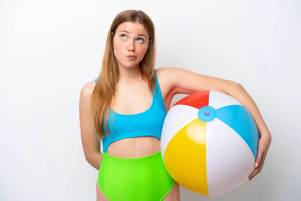 Young Woman Holding Beach Ball Holidays Isolated White Background Looking — 스톡 사진