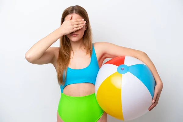 Young Woman Holding Beach Ball Holidays Isolated White Background Covering — Stockfoto