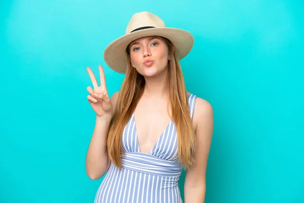 Young Woman Isolated Blue Background Swimsuit Summer Holidays Doing Victory — Stockfoto