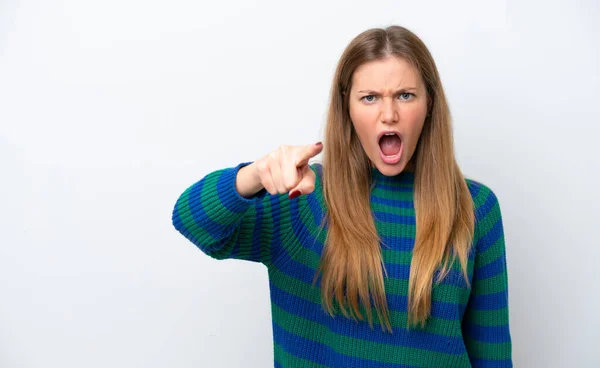 Ung Kaukasiska Kvinna Isolerad Vit Bakgrund Frustrerad Och Pekar Framsidan — Stockfoto