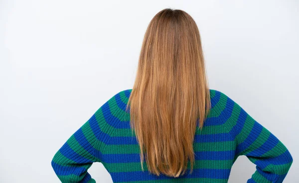 Mulher Caucasiana Jovem Isolado Fundo Branco Posição Trás — Fotografia de Stock