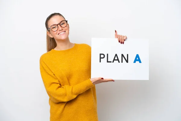 Young Caucasian Woman Isolated White Background Holding Placard Message Plan — Photo
