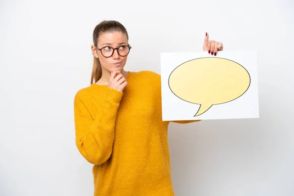 Young Caucasian Woman Isolated White Background Holding Placard Speech Bubble — Photo