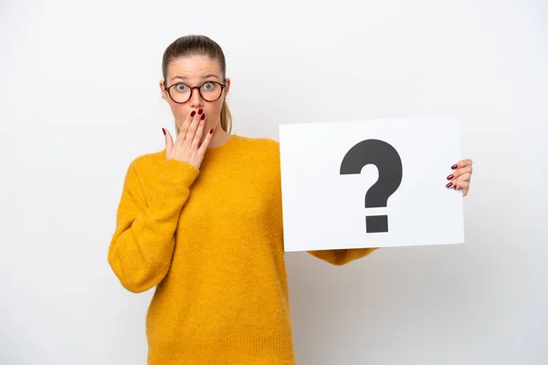 Young Caucasian Woman Isolated White Background Holding Placard Question Mark — Stockfoto