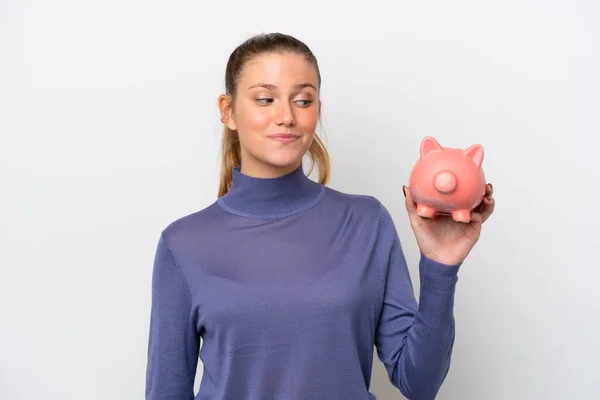Young Caucasian Woman Holding Piggybank Isolated White Background Happy Expression — Stockfoto