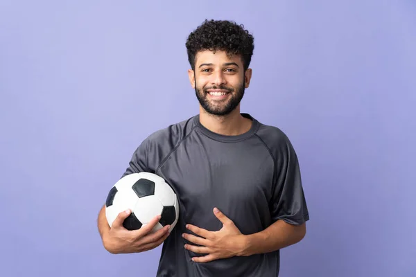 Handsome Moroccan Young Football Player Man Isolated Purple Background Smiling — Stock Photo, Image