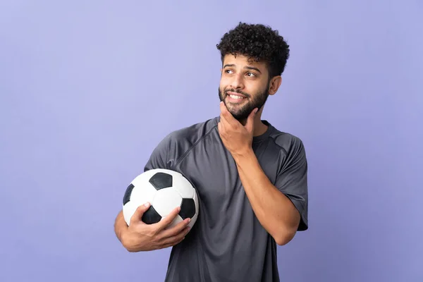 Handsome Moroccan Young Football Player Man Isolated Purple Background Looking — Foto Stock