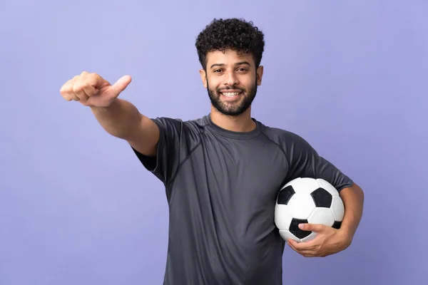 Handsome Moroccan Young Football Player Man Isolated Purple Background Giving — Stock Photo, Image