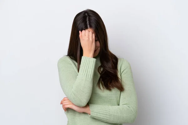 Jeune Femme Brésilienne Isolée Sur Fond Blanc Avec Mal Tête — Photo