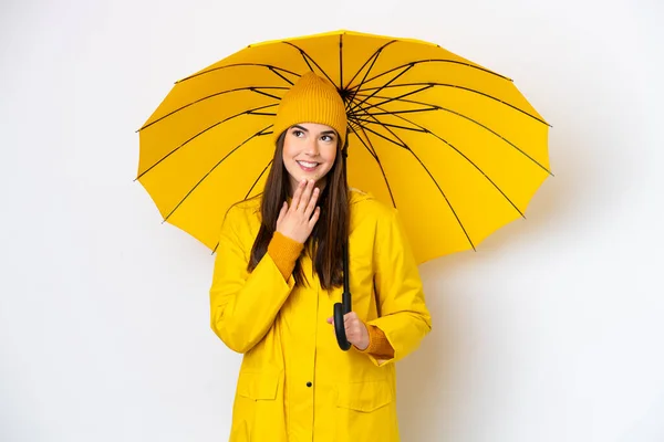 Young Brazilian Woman Rainproof Coat Umbrella Isolated White Background Looking — ストック写真