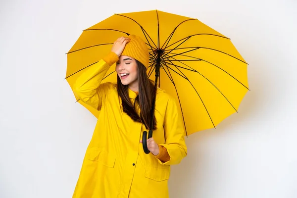 Young Brazilian Woman Rainproof Coat Umbrella Isolated White Background Has — Fotografia de Stock