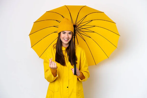 Young Brazilian Woman Rainproof Coat Umbrella Isolated White Background Making — ストック写真