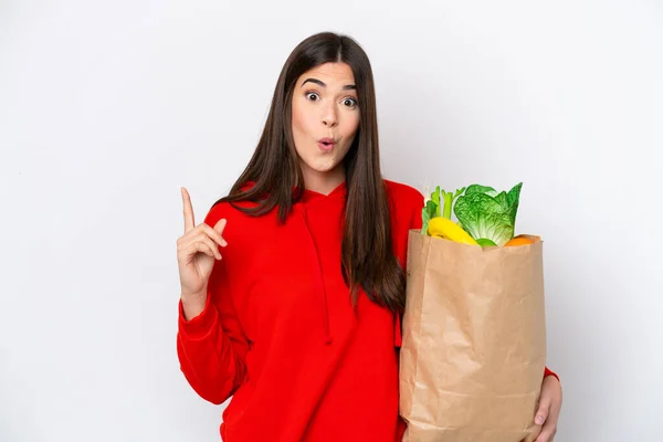 Young Brazilian Woman Holding Grocery Shopping Bag Isolated White Background — стоковое фото