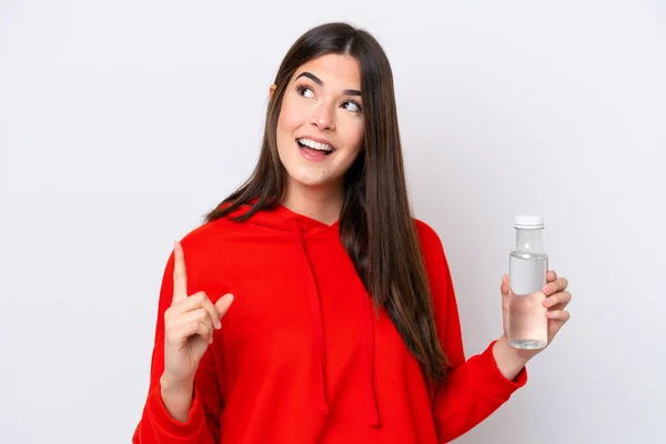 Young Brazilian Woman Bottle Water Isolated White Background Intending Realizes — Fotografia de Stock
