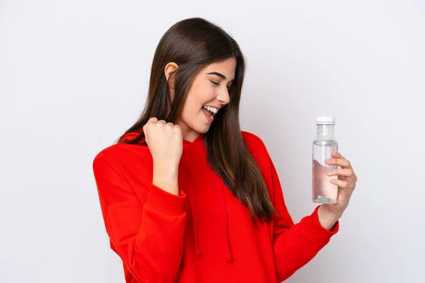 Young Brazilian Woman Bottle Water Isolated White Background Celebrating Victory — Fotografia de Stock