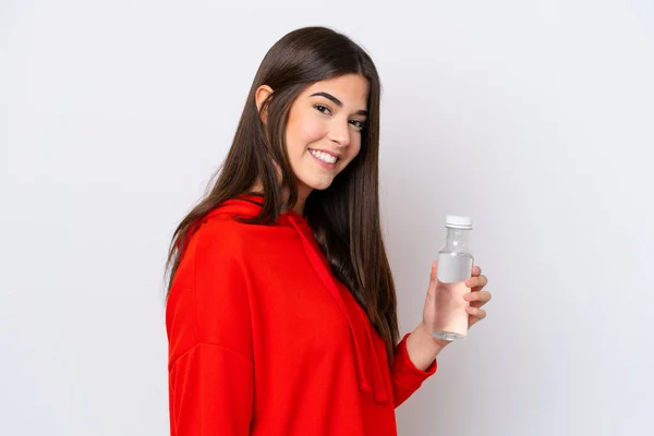 Young Brazilian Woman Bottle Water Isolated White Background Smiling Lot — Stok Foto