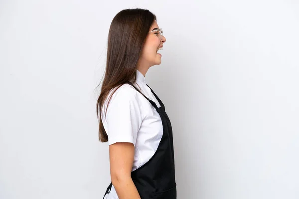 Restaurant Brazilian Waiter Woman Isolated White Background Laughing Lateral Position — Fotografia de Stock