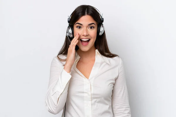 Telemarketer Caucasian Woman Working Headset Isolated White Background Surprise Shocked — 스톡 사진