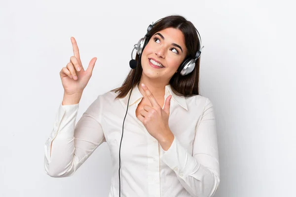 Telemarketer Caucasian Woman Working Headset Isolated White Background Pointing Index — 스톡 사진