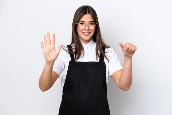 Restaurant Brazilian Waiter Woman Isolated White Background Counting Six Fingers — Fotografia de Stock