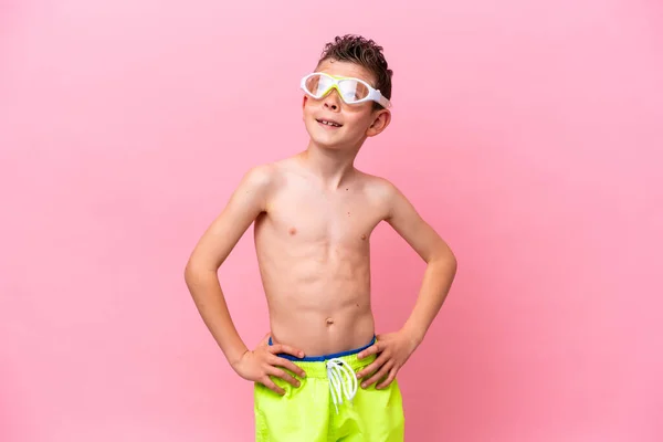 Little Caucasian Boy Wearing Diving Goggles Isolated Pink Background Posing — 스톡 사진