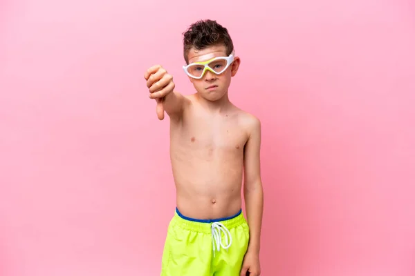 Little Caucasian Boy Wearing Diving Goggles Isolated Pink Background Showing — Fotografia de Stock