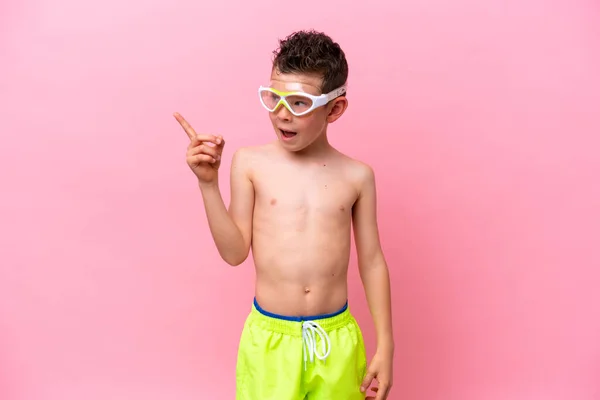 Little Caucasian Boy Wearing Diving Goggles Isolated Pink Background Intending — 스톡 사진