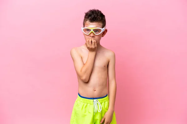 Little Caucasian Boy Wearing Diving Goggles Isolated Pink Background Having — 스톡 사진