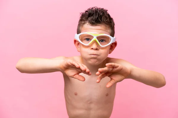 Little Caucasian Boy Wearing Diving Goggles Isolated Pink Background — Photo