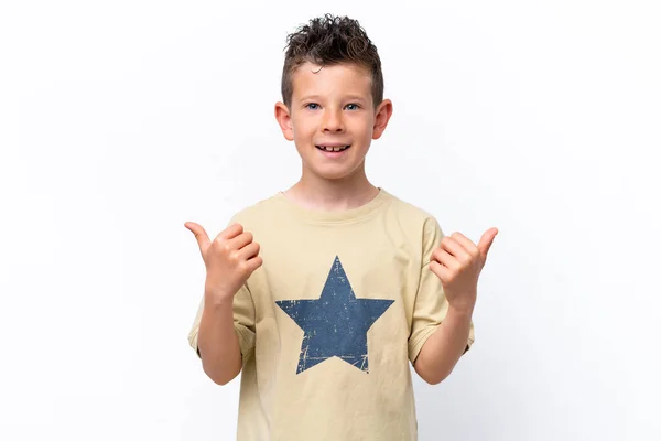 Little Caucasian Boy Isolated White Background Thumbs Gesture Smiling — ストック写真