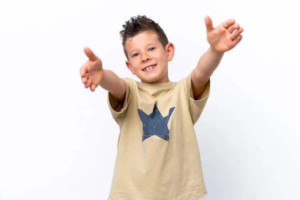 Little Caucasian Boy Isolated White Background Presenting Inviting Come Hand — Photo