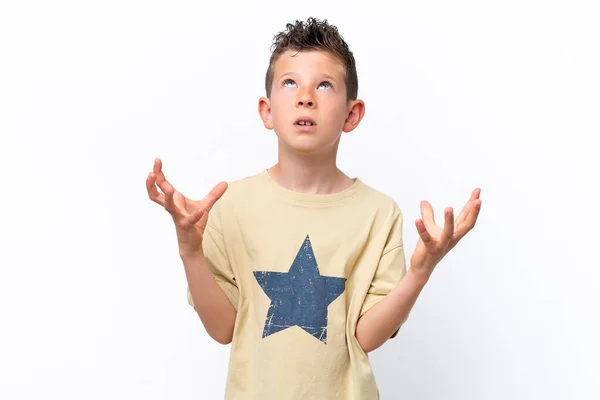 Little Caucasian Boy Isolated White Background Stressed Overwhelmed — Photo