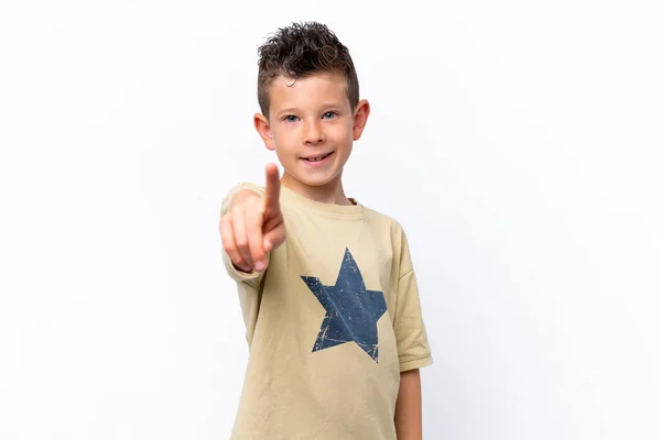 Little Caucasian Boy Isolated White Background Showing Lifting Finger — Fotografia de Stock